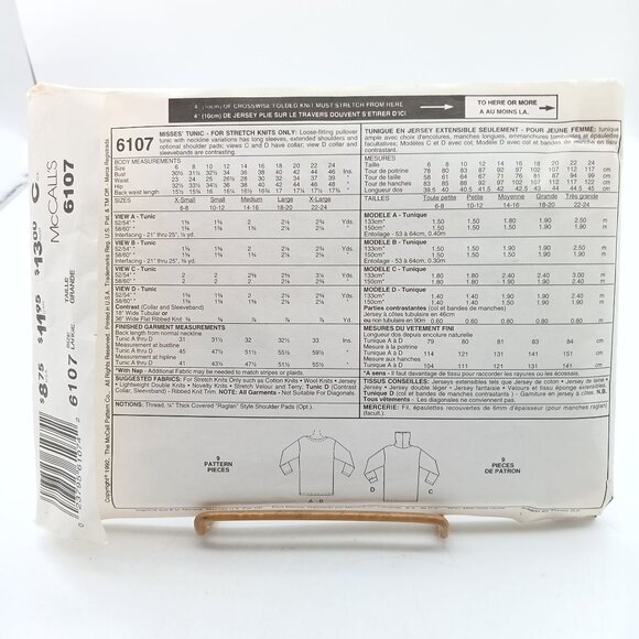 Vintage McCalls 6107 Back to Basics Sewing Pattern Misses Tunic Size L 1992 - Picture 2 of 2